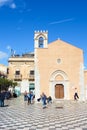 Taormina, Sicily, Italy - Apr 8th 2019: People on the Piazza IX Aprile Square in beautiful historical center of the Italian city. Royalty Free Stock Photo