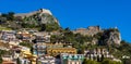 Castello Saraceno Castle and Madonna on the Rock Church Chiesa della Rocca on Monte Tauro rock over Taormina of Sicily in Italy Royalty Free Stock Photo