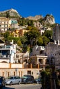 Castello Saraceno Castle and Madonna on the Rock Church Chiesa della Rocca on Monte Tauro rock over Taormina of Sicily in Italy Royalty Free Stock Photo