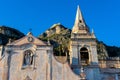 Saint Joseph Church Chiesa di San Giuseppe with Castello Saraceno Castle on Monte Tauro rock over Taormina in Sicily in Italy Royalty Free Stock Photo