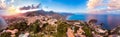 Taormina, Sicily Italy panoramic drone photo sunset, volcano Etna in clouds. Aerial top view Royalty Free Stock Photo