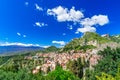 Taormina, Sicily, Italy: Panoramic view from the top of the Greek Theater, Giardini-Naxos with the Etna and Taormina Royalty Free Stock Photo