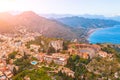 Taormina theater, amphitheater, arena is a town on the island of Sicily, Italy. Aerial view from above in the evening sunset Royalty Free Stock Photo