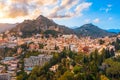 Taormina is a town on the island of Sicily, Italy. Aerial View from above in the evening to temper at the foot of the mountains Royalty Free Stock Photo