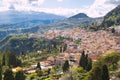 Taormina town panoramic view and Vesuvius mountain in Sicily island, Italy Royalty Free Stock Photo