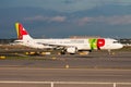 TAP Air Portugal passenger plane at airport. Schedule flight travel. Aviation and aircraft. Air transport. Global international