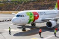 TAP Portugal Airbus A319-111 lands at Funchal Cristiano Ronaldo Airport.This airport is one of th Royalty Free Stock Photo