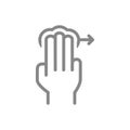 Tap with three fingers and swipe right line icon. Multi touch screen fingers, 3x tap symbol