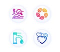 Tap water, Check investment and Organic tested icons set. Heart sign. Faucet, Business report, Bio ingredients. Vector