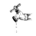 Tap from which water is dripping. Hand-drawn sketch. Black and white vector illustration Royalty Free Stock Photo