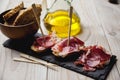 Appetizer Serrano ham with toasted bread Royalty Free Stock Photo