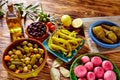 Tapas pickles mix olives chili onion eggplant Royalty Free Stock Photo