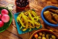 Tapas pickles mix olives chili onion eggplant Royalty Free Stock Photo