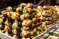 Tapas and pinchos at a food market in Spain. Traditional Spanish gastronomy Royalty Free Stock Photo