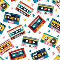 Tape cassette pattern. Seamless print of old outdated tape audio cassette, retro stereo music tape texture for wrapping
