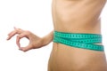 Tape measure on waist and simbol okey isolated Royalty Free Stock Photo