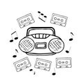 Tape recorder, musical notes and cassette hand drawn in doodle style. , scandinavian, monochrome. composition, template, Set of Royalty Free Stock Photo