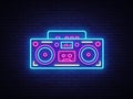 Tape recorder neon signboard vector. Retro Music neon glowing symbol, Retro Style 80-90s Light Banner, neon icon, design