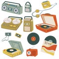 Old magnetophones and tape recorders, vintage gadgets vector