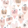 Taped hearts with dried plants seamless pattern on white background. Healed heart and love concept. Vector illustration. Royalty Free Stock Photo