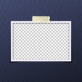 Taped horizontal photo or picture frame isolated on blue background. Vector illustration. Royalty Free Stock Photo