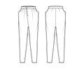 Tapered Baggy pants technical fashion illustration with low waist, rise, slash pockets, draping front, full lengths Flat