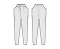 Tapered Baggy pants technical fashion illustration with normal waist, high rise, slash pockets, draping, full lengths