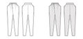 Tapered Baggy pants technical fashion illustration with normal waist, high rise, slash pockets, draping, full lengths