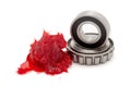 Tapered roller bearings with red lithium grease (Machinery Lubrication).