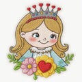 Tapestry cartoon pretty princess. Embroidery cartoon little girl. Smiling cute girl with blonde hair, crown, flowers, red love Royalty Free Stock Photo