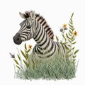 Tapestry cartoon standing zebra with mane. Textured tropical vector white background illustration with striped zebra horse, green Royalty Free Stock Photo