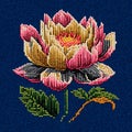 Tapestry colorful 3d lotus flowers, leaves seamless pattern. Denim jeans textured embroidery floral vector background with stitch