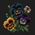 Tapestry colorful 3d pansies flowers. Embroidered pansy flowers, leaves. Embroidery floral background illustration. Beautiful Royalty Free Stock Photo