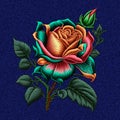 Tapestry colorful 3d roses flowers, buds, leaves denim seamless pattern. Embroidery floral vector illustration with silk stitch Royalty Free Stock Photo