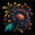 Tapestry colorful flower. Embroidered stitch lines flowers, leaves. Embroidery floral background illustration. Beautiful abstract