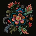 Tapestry colorful flower. Embroidered stitch lines flowers, leaves. Embroidery floral background illustration. Beautiful ethnic