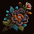 Tapestry colorful flower, branch, leaves pattern. Embroidery floral vector illustration with beautiful stitch textured flower.