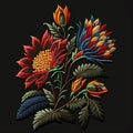 Tapestry colorful flowers, branch, leaves pattern. Embroidery floral vector illustration. beautiful stitch textured flower.