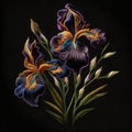 Tapestry colorful iris flower. Embroidered iris flowers, leaves. Embroidery floral modern background illustration. Beautiful