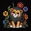 Tapestry embroidery textured colorful sad cute little lion. Floral ornamental bright pattern background illustration with flowers