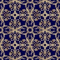 Tapestry floral seamless pattern. Blue ornamental textured background. Repeat vector backdrop. Gold embroidered Baroque Damask Royalty Free Stock Photo