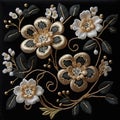 Tapestry flowers. Embroidered stitch lines flowers, leaves with beads. Embroidery floral background illustration. Beautiful luxury