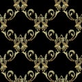 Tapestry gold Baroque 3d seamless pattern. Embroidery ornamental vector background. Damask grunge vintage golden flowers Royalty Free Stock Photo