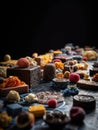 A tapestry of intricate 3D printed snacks arranged nonchalantly offering an eclectic mix of tastes and textures.. AI