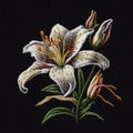 Tapestry lily. Embroidered white lily flower, buds, leaves on black background. Embroidery floral vector illustration with