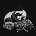Tapestry little sweet panda lying on the threads. Black and white embroidered vector background illustration. Embroidery chinese