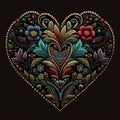 Tapestry ornamental floral love heart pattern background illustration. Embroidery colorful flowers leaves in love heart. Textured