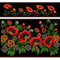 Tapestry red poppies flowers borders. Embroidered poppy flowers, leaves. Embroidery floral border background illustration.