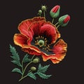 Tapestry red poppies flowers. Embroidered poppy flower, buds, leaves. Embroidery floral modern background illustration. Beautiful Royalty Free Stock Photo