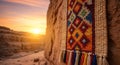 Tapestry on rock wall desert sunset warm light Royalty Free Stock Photo